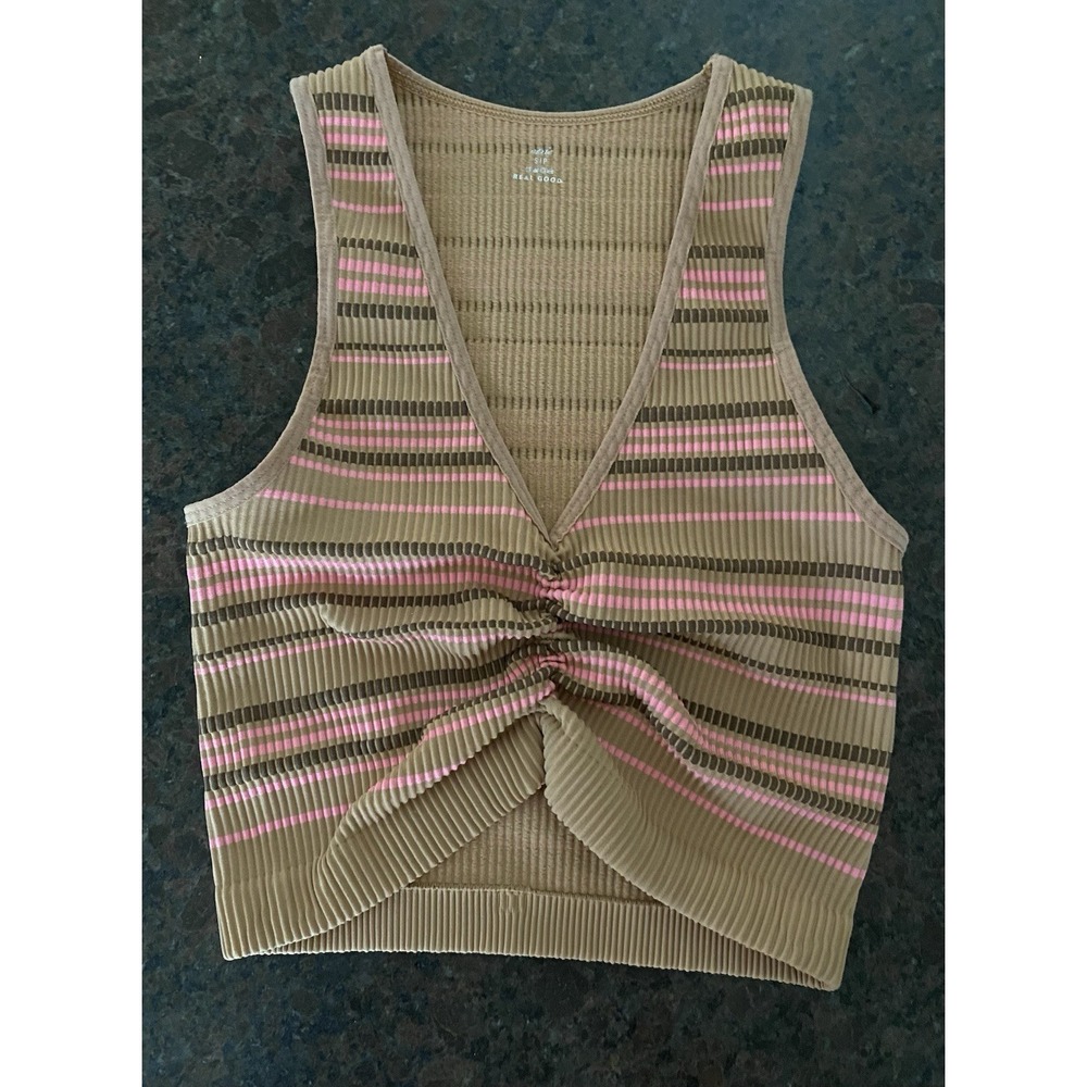 Aerie Superchill Seamless Ruched Bra Top‎ Ribbed Brown Pink Stripes Size Small